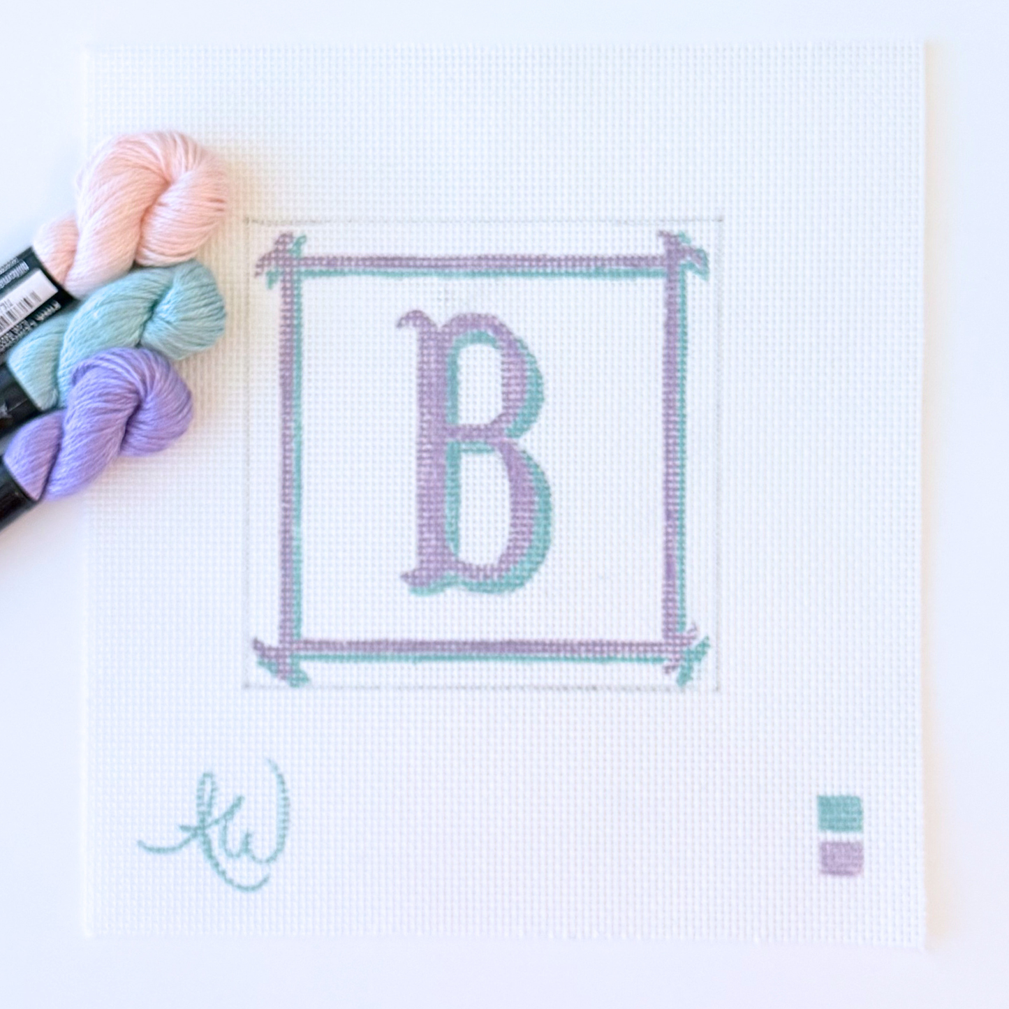 Fishtail font initial frame hand-painted needlepoint canvas on 14 count mesh by AW Needlework Designs