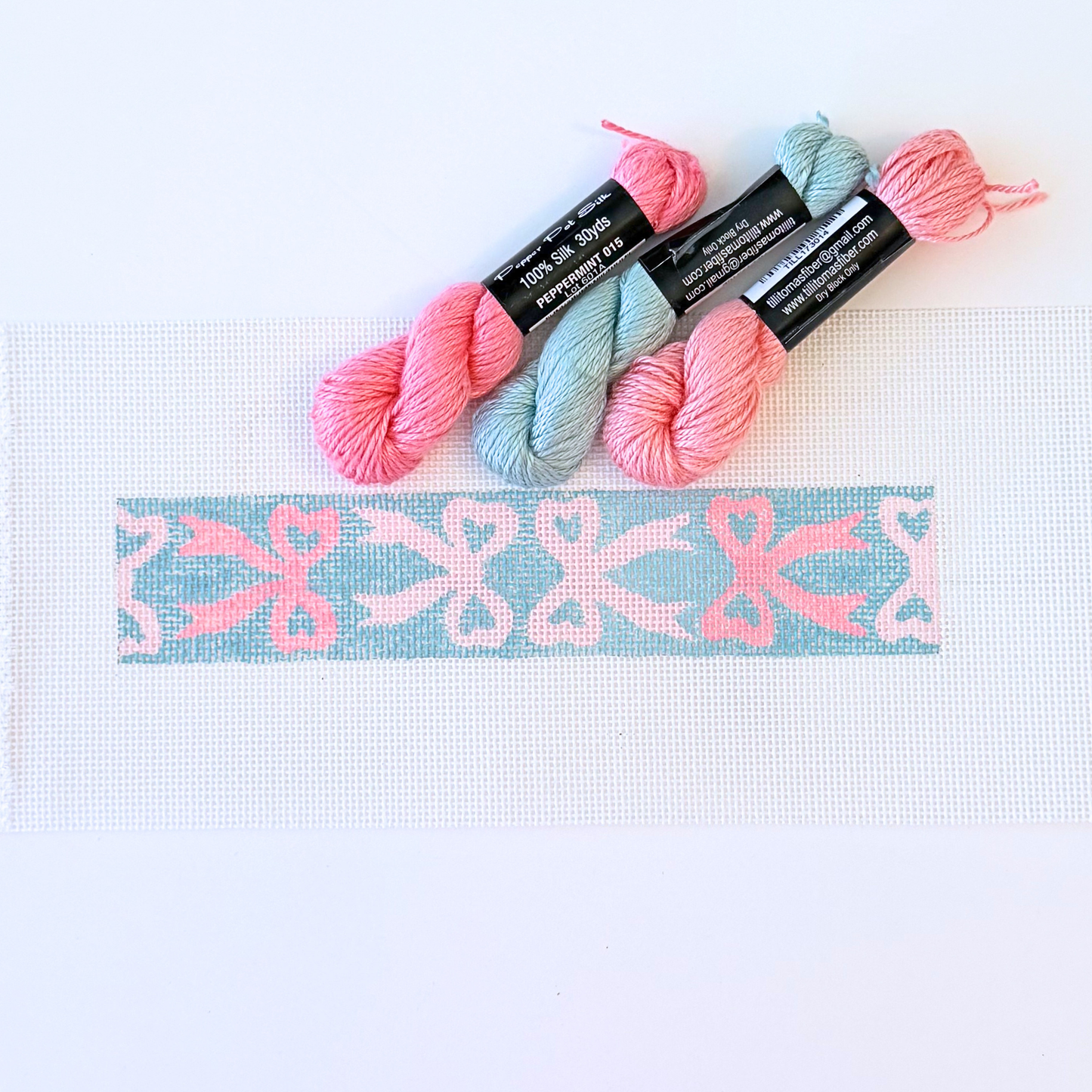 Bow key fob hand-painted needlepoint canvas on 18 count mesh in rectangle shape