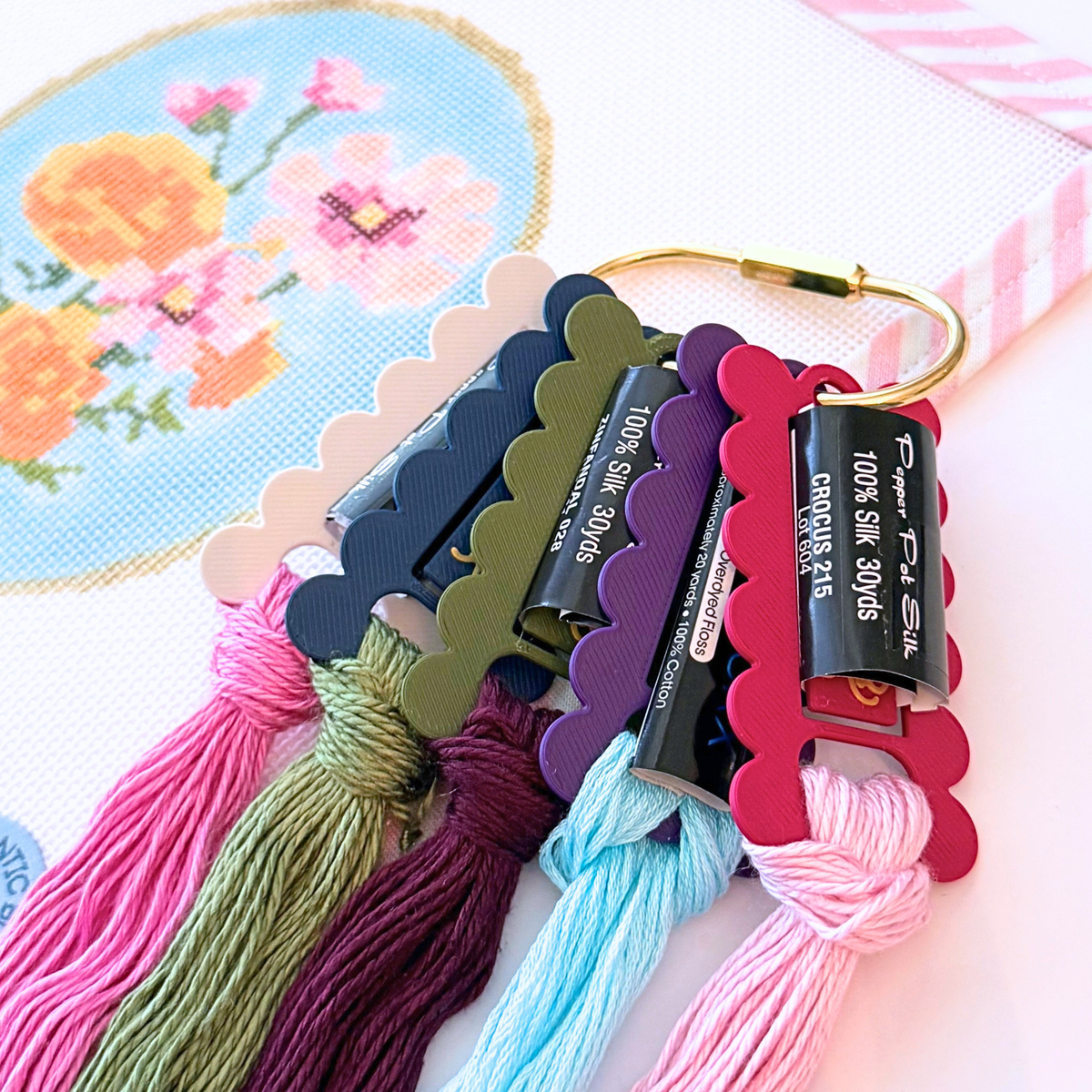 A close-up of needlepoint floss skeins attached to a gold ring, displayed on a white needlepoint canvas with pink stripe trim. The floss includes grey, navy, olive green, indigo and plum on a gold ring.