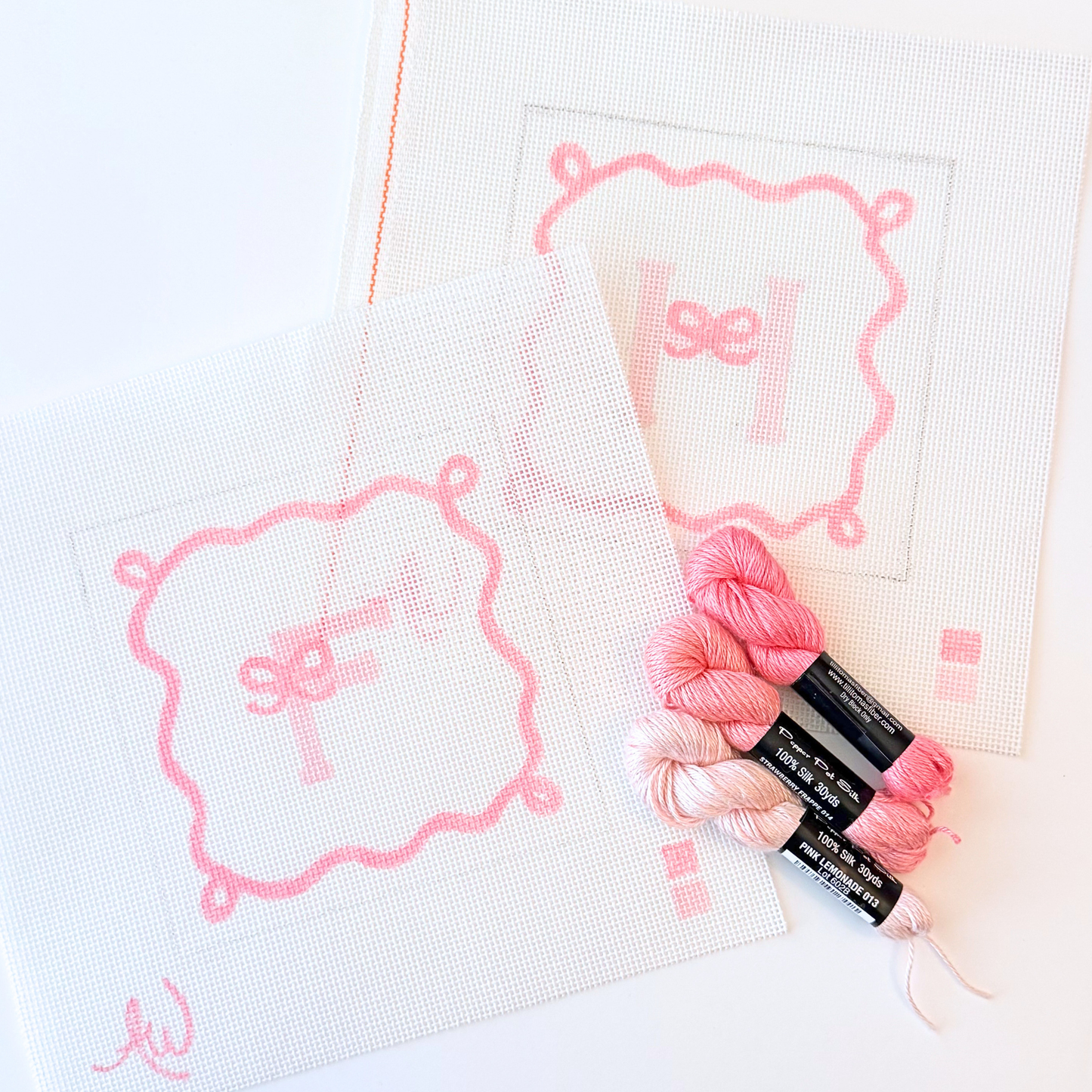 Bow font initial frame hand-painted needlepoint canvas on 16 count mesh by AW Needlework Designs
