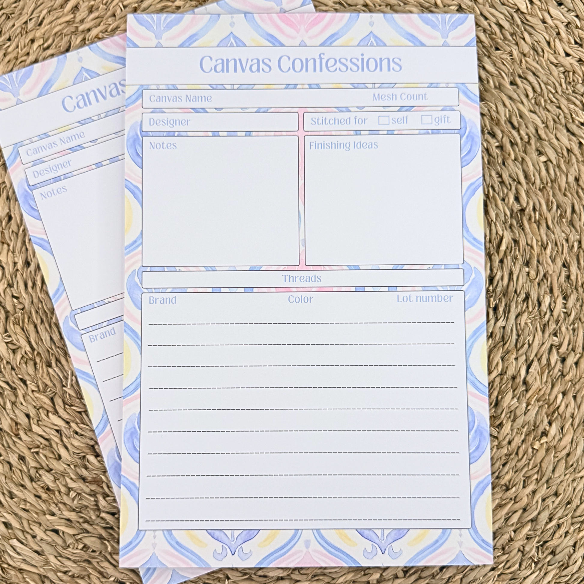 Canvas Confessions notepad with sections for canvas name designer mesh count and threads