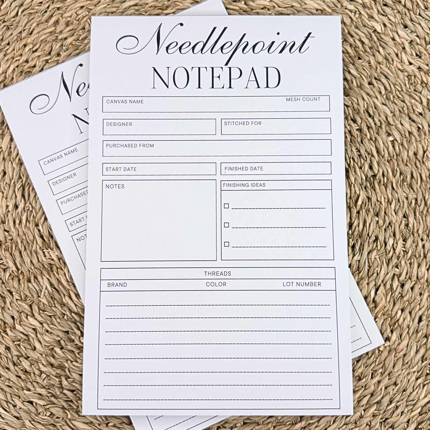Classic Needlepoint Notes notepad with sections for canvas name mesh count designer and threads