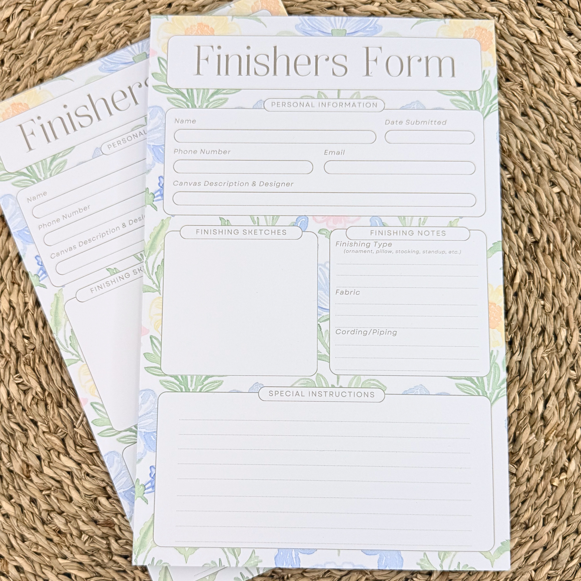 Finisher’s Form floral notepad for needlepoint finishing notes and sketches