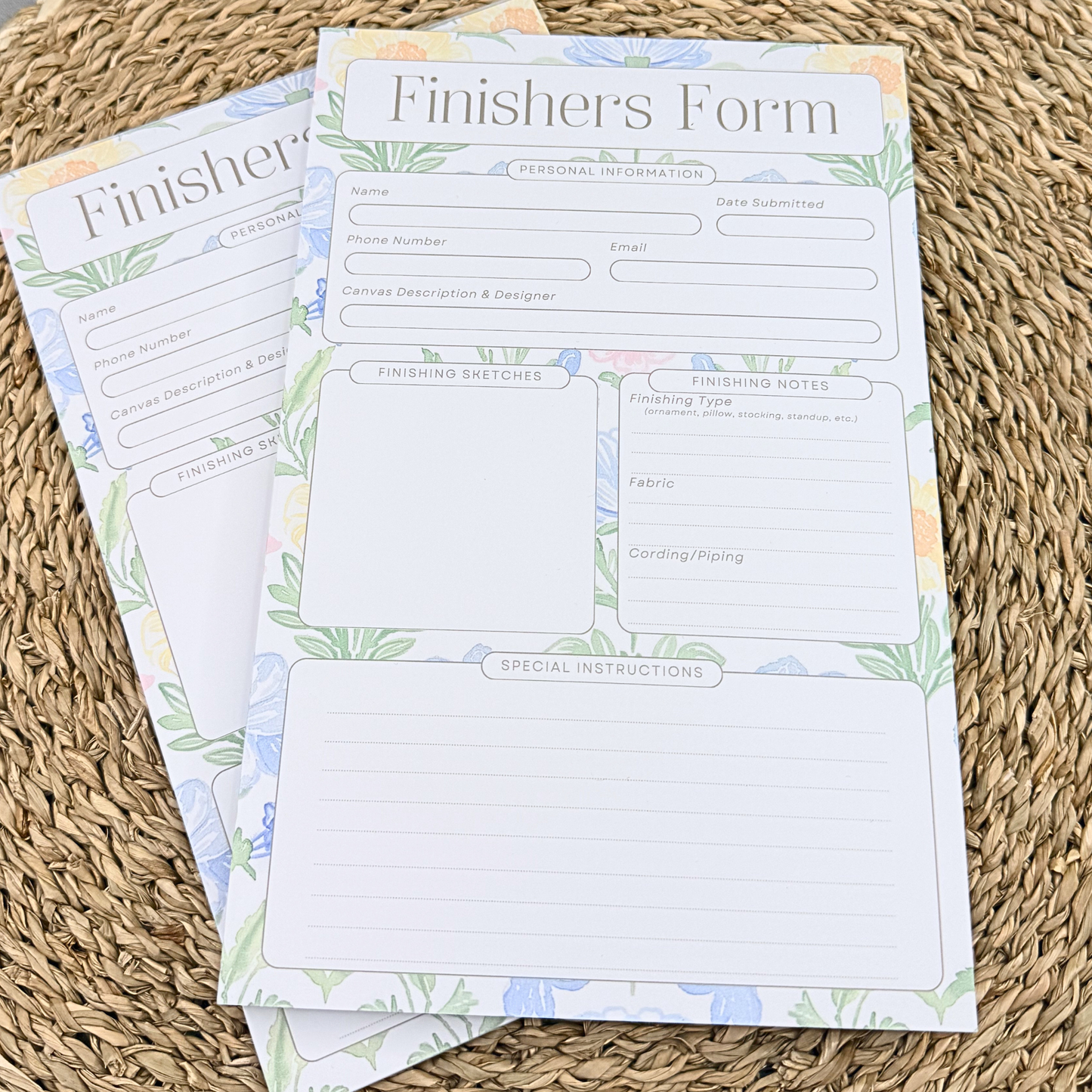 Needlepoint finishing form notepad with floral border and spaces for instructions by AW Needlework Designs