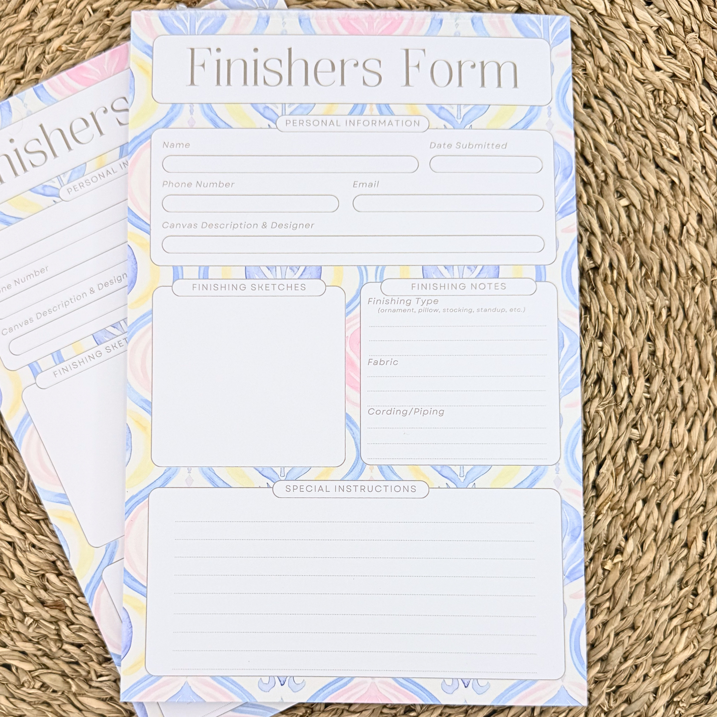 Needlepoint finishing form notepad with spaces for fabric cording and special instructions by AW Needleworks Designs.