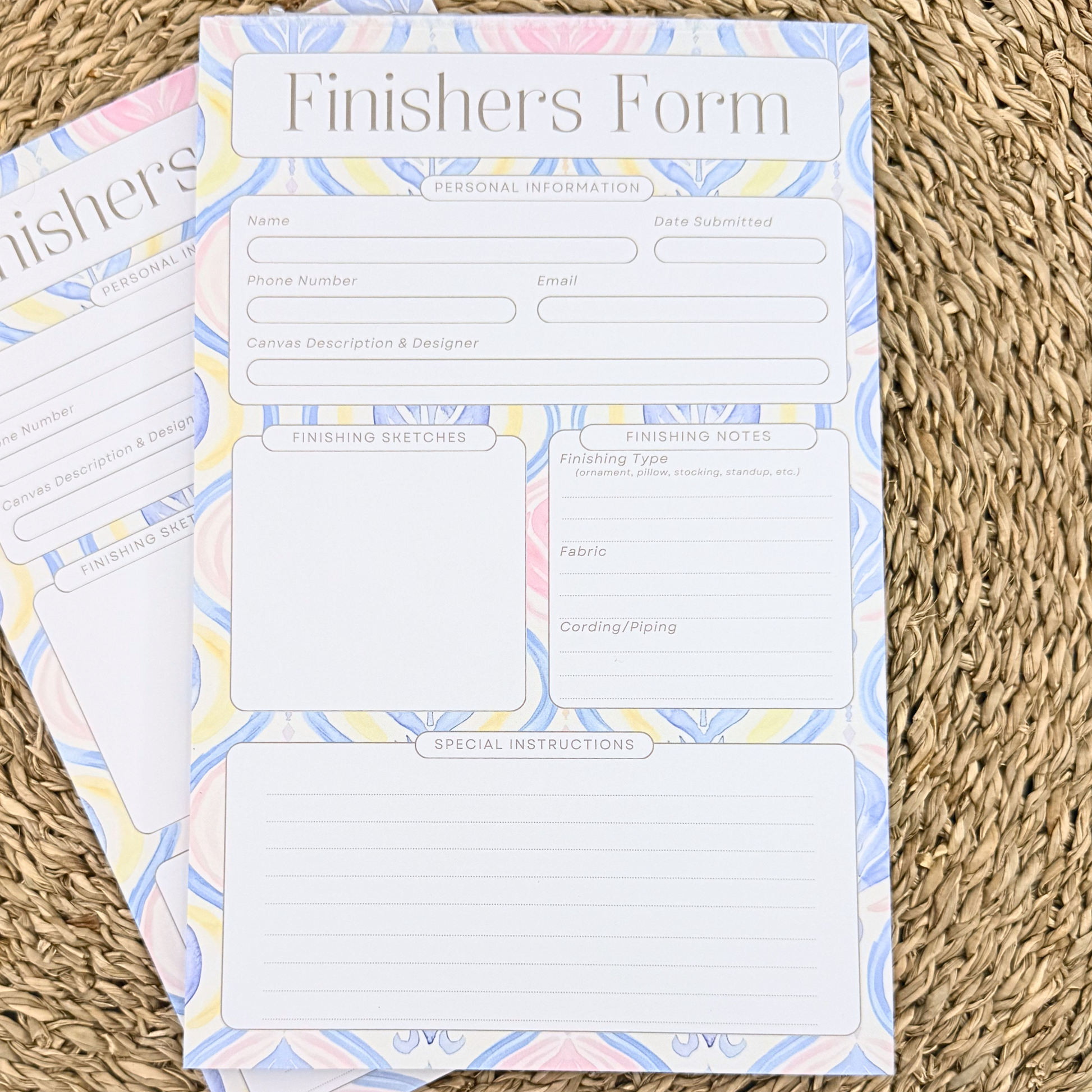 Needlepoint finishing form notepad with spaces for fabric cording and special instructions by AW Needleworks Designs.