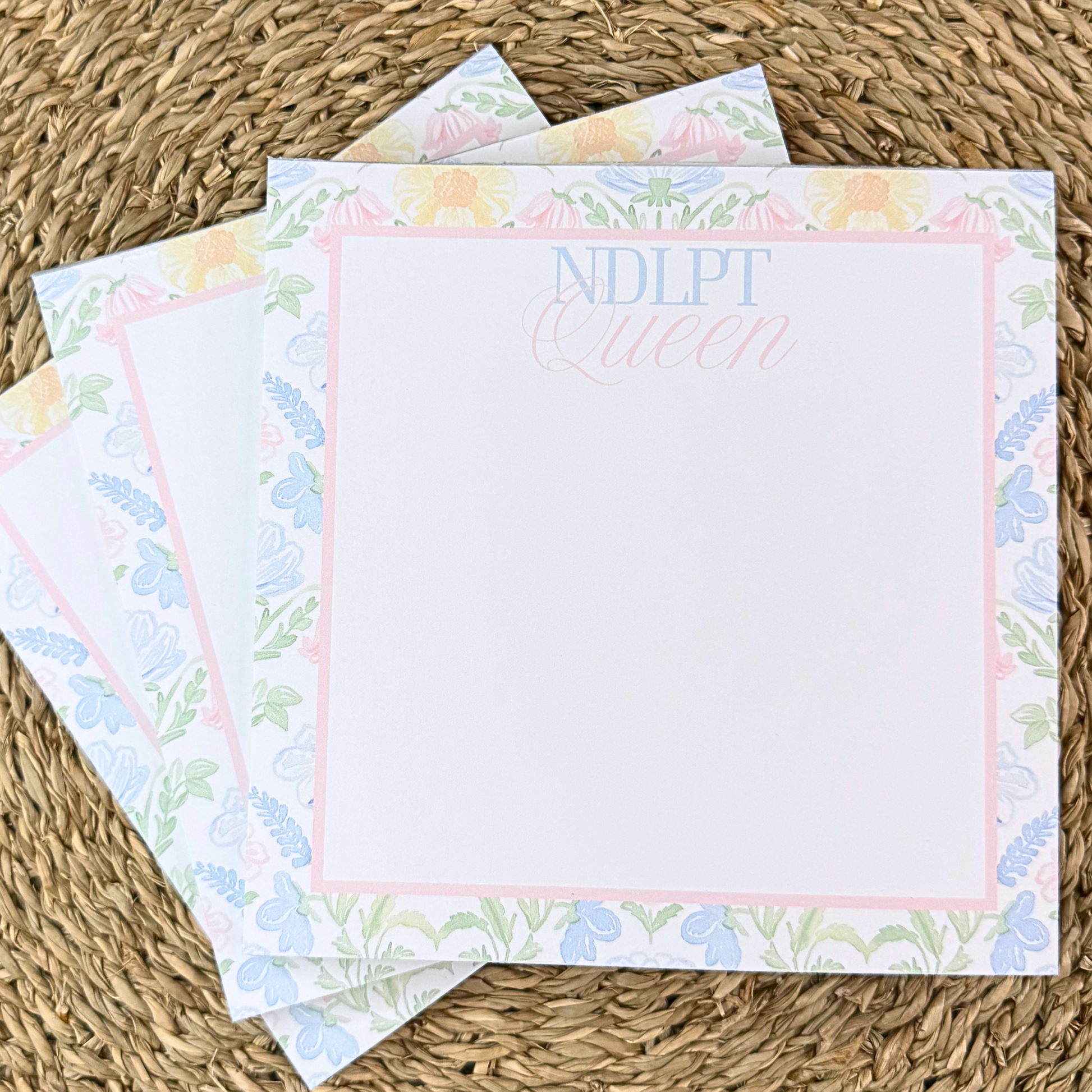 Needlepoint Queen notepad with floral border and pink frame for needlepoint lovers by AW Needlework Designs