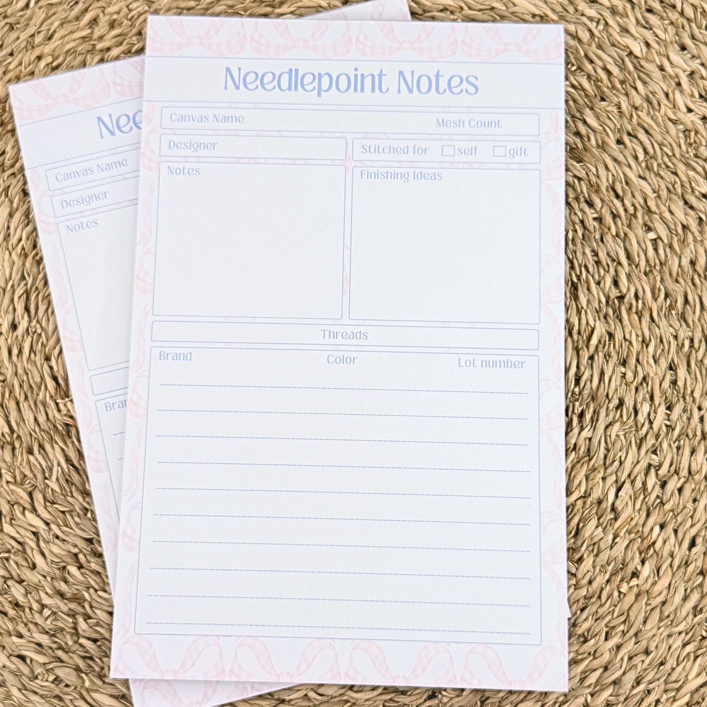 Needlepoint Notes notepad with sections for canvas name designer mesh count and threads
