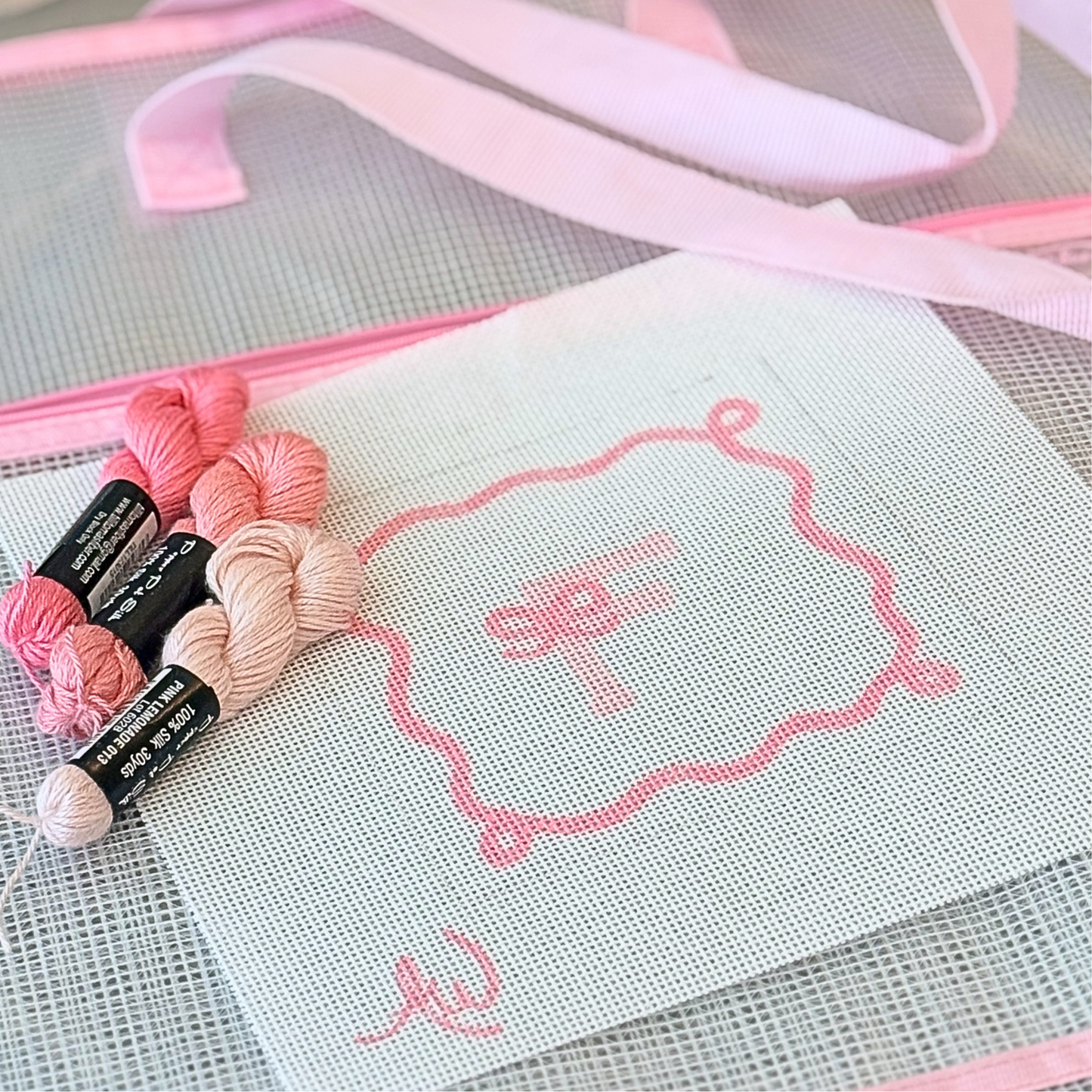 Pink project bag by Madame Sew for needlepoint organization and travel