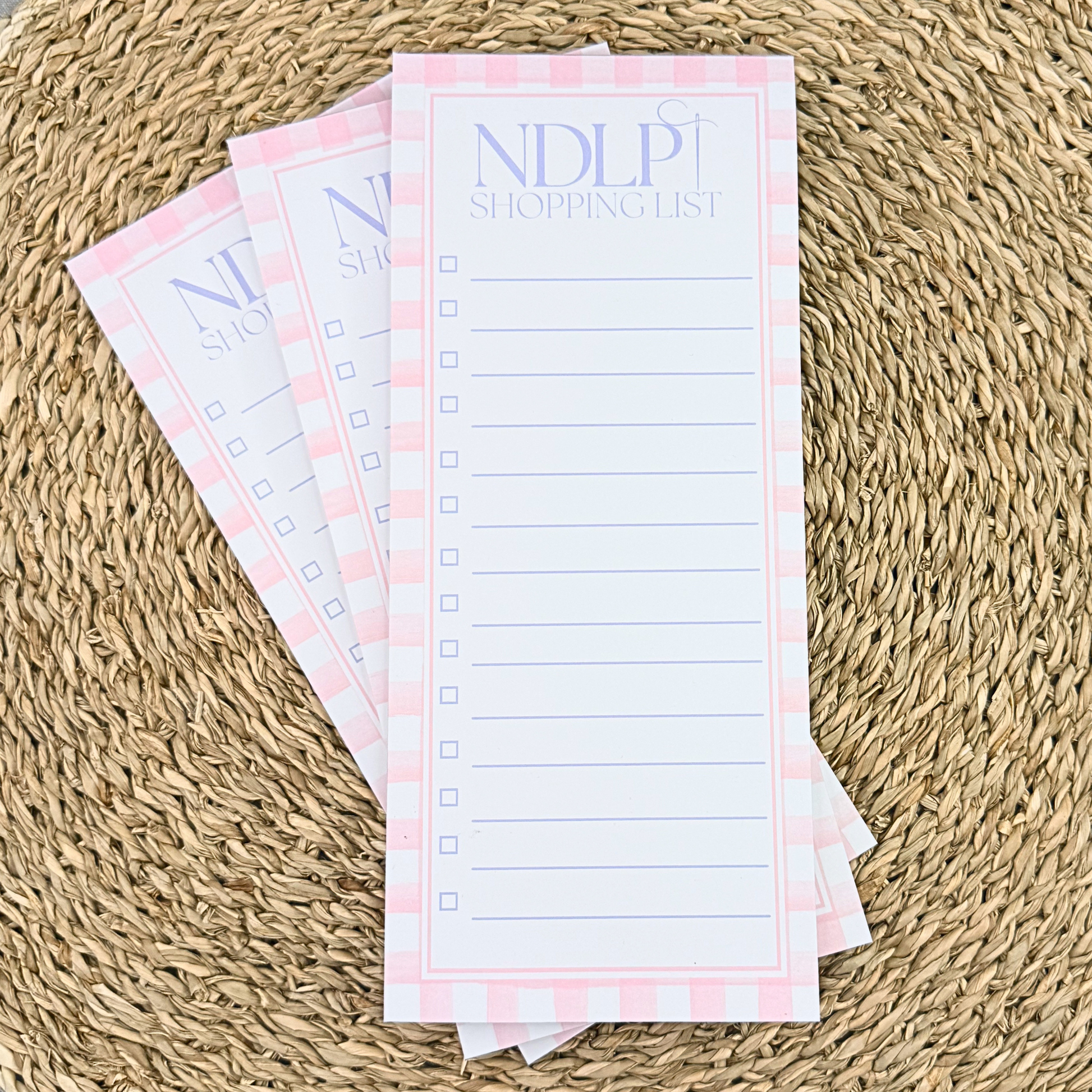 NDLPT shopping list notepad with pink gingham border and checklist lines