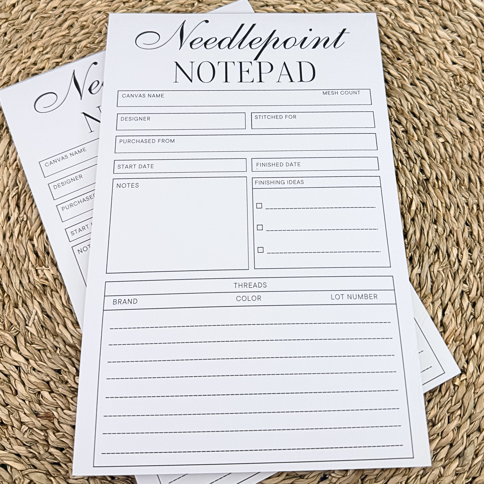 Needlepoint notepad with thread tracking and finishing ideas sections