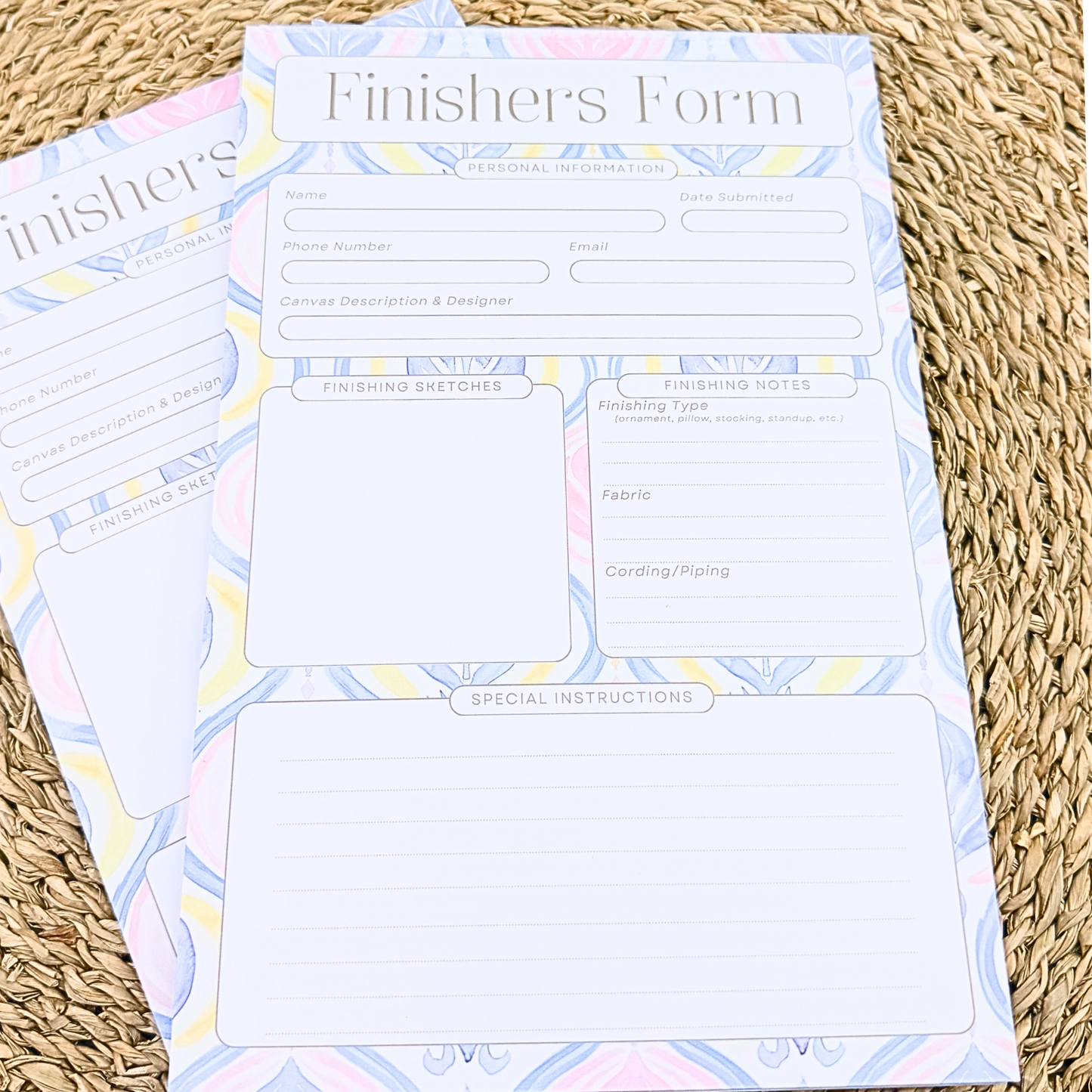 Needlepoint finishing notes pad with sketch box and instruction fields