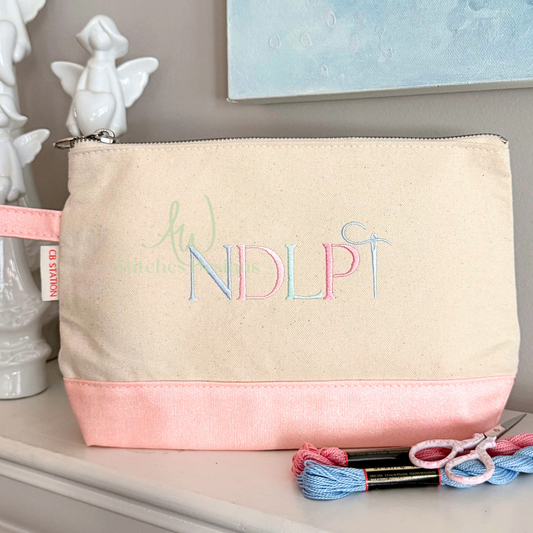Personalized small needlepoint zip bag with Threaded T NDLPT embroidery