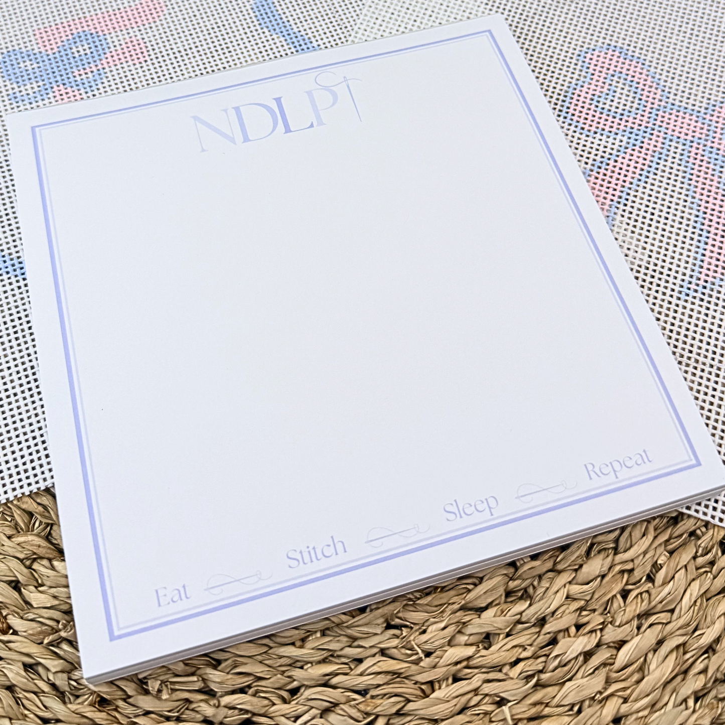Needlepoint lover notepad with Eat Stitch Sleep Repeat checklist design by AW Needlework Designs
