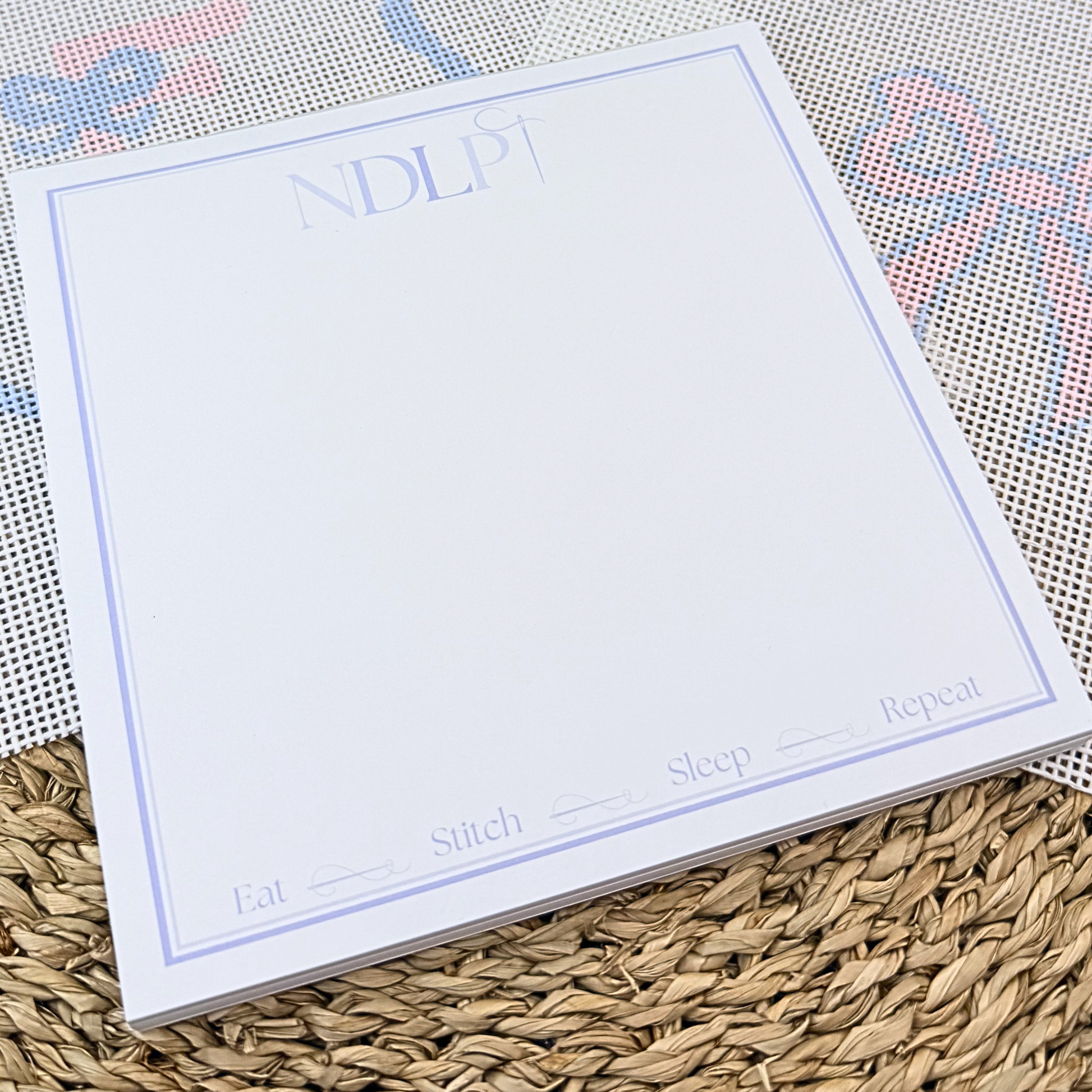 Needlepoint lover notepad with Eat Stitch Sleep Repeat checklist design by AW Needlework Designs