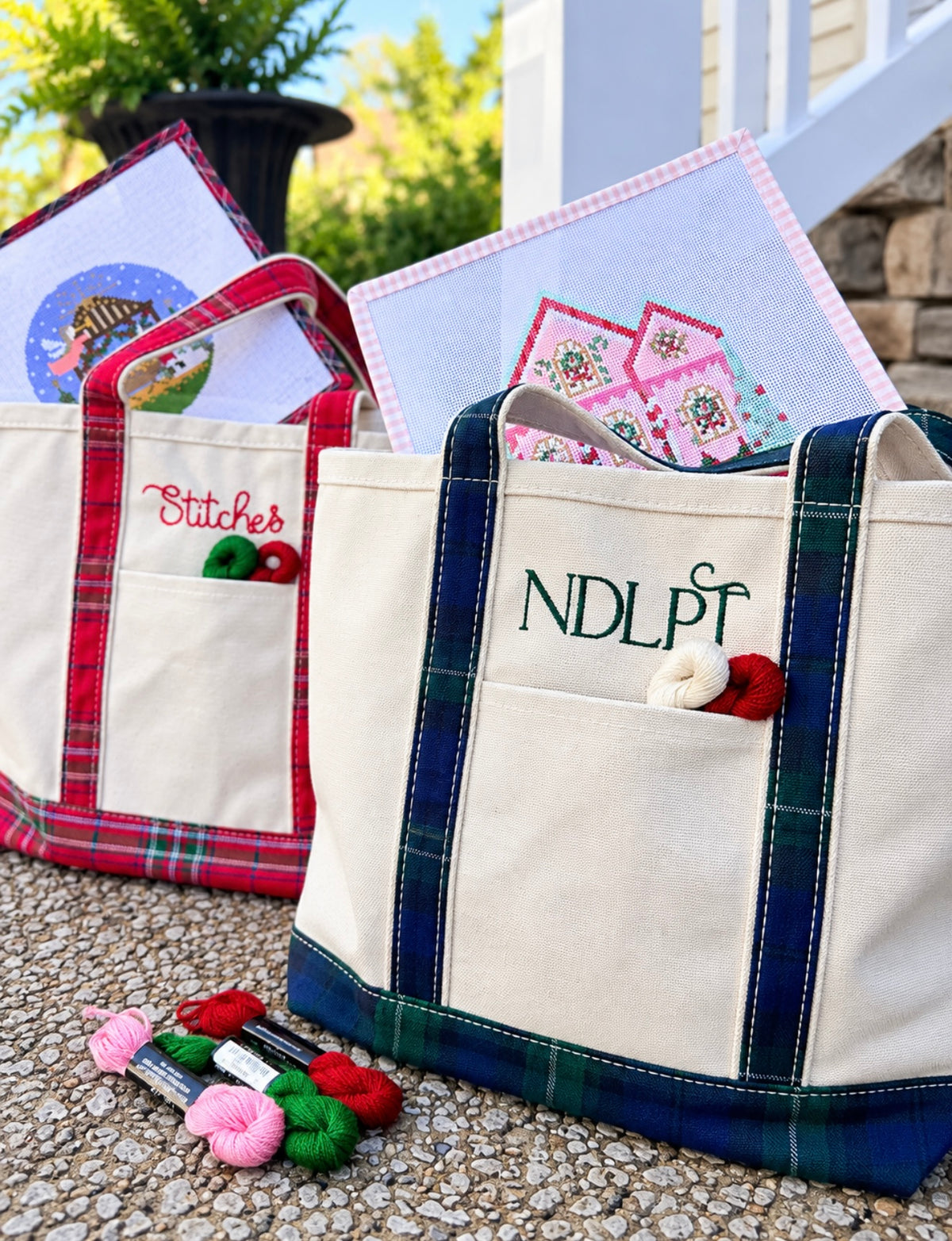 Blue plaid needlepoint stitching tote bag with comfortable plaid handles