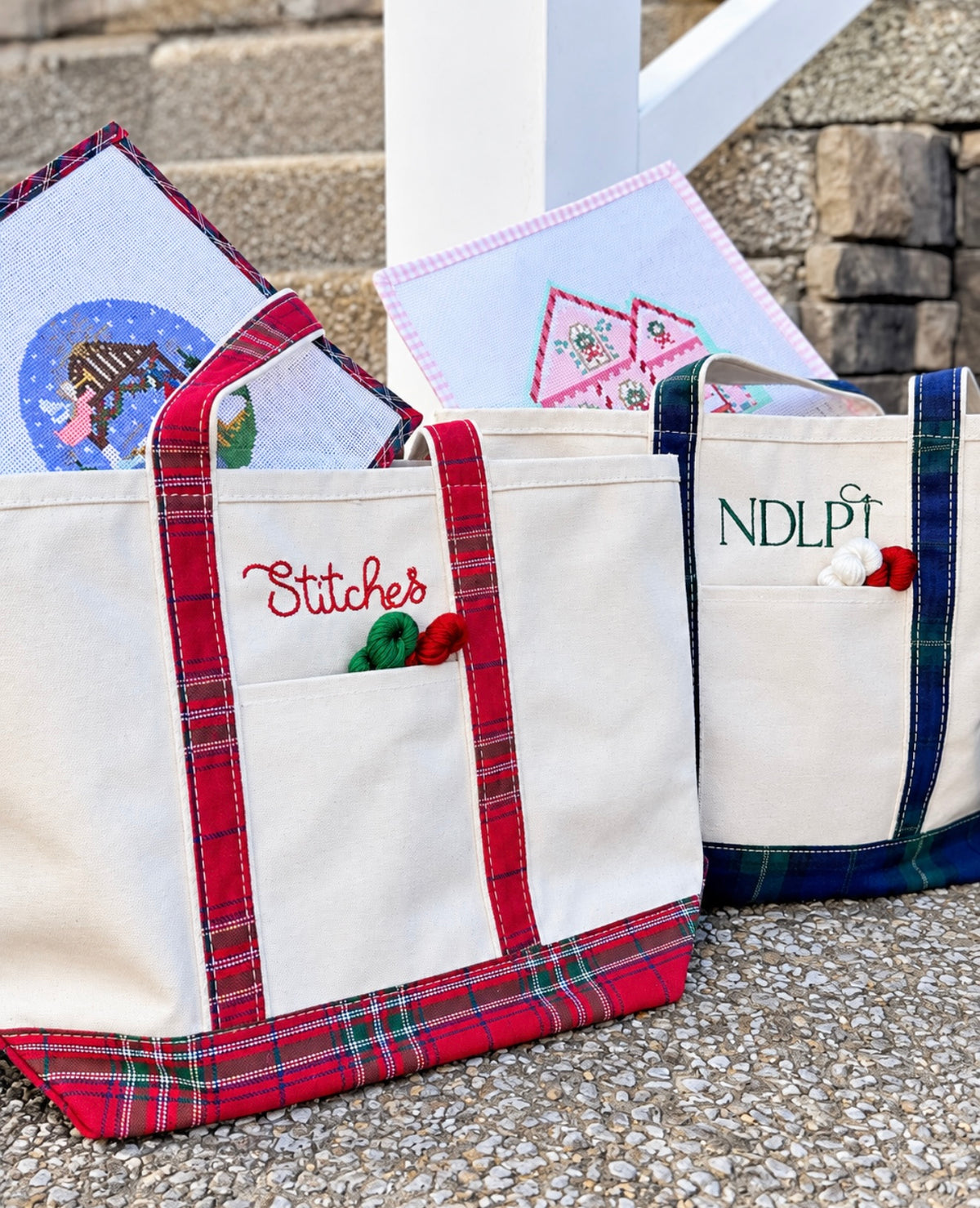 Holiday plaid needlepoint project tote bag with canvas body and plaid handles