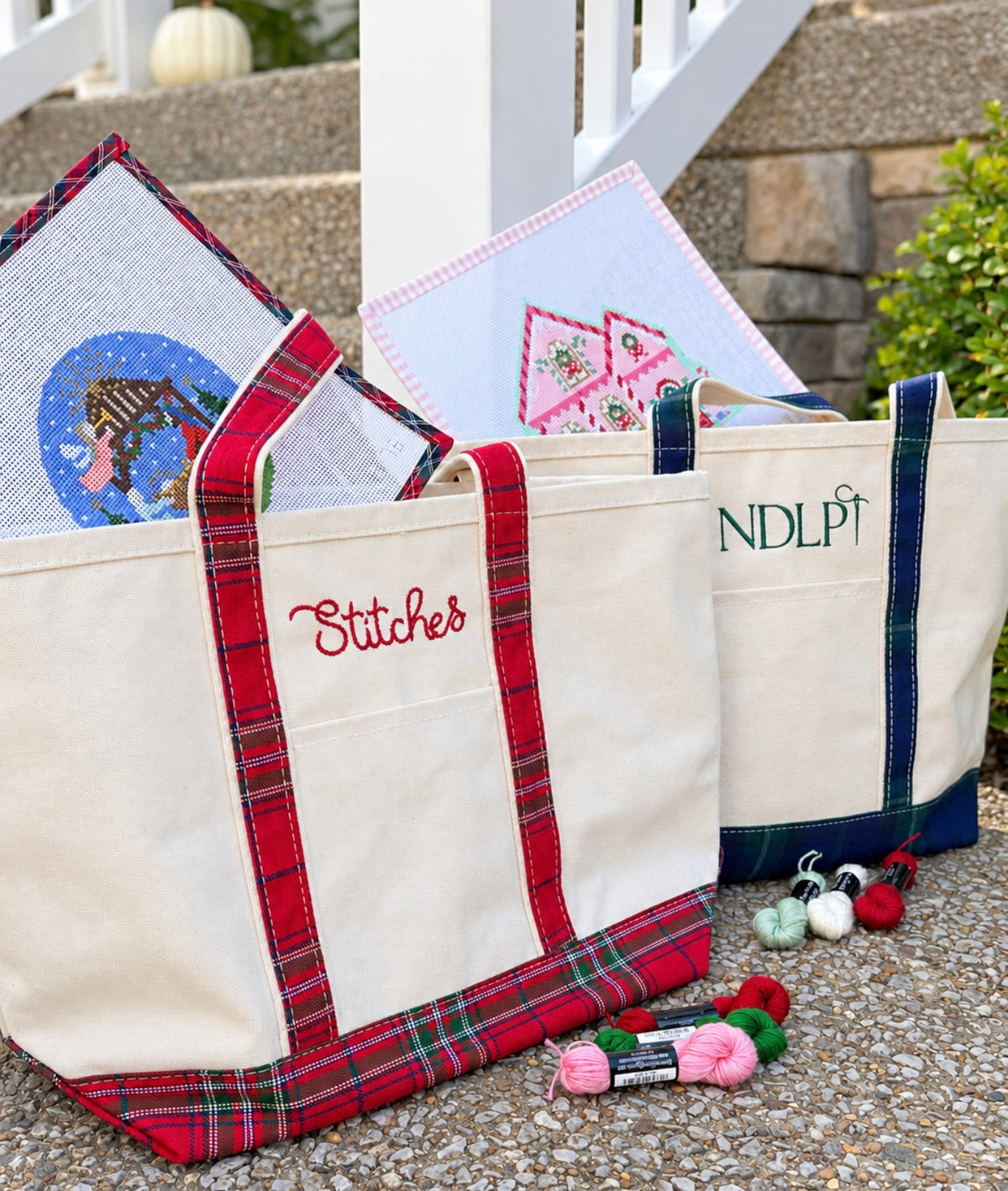 Needlepoint project tote measuring 12 inches high, 18 wide and 5.5 deep